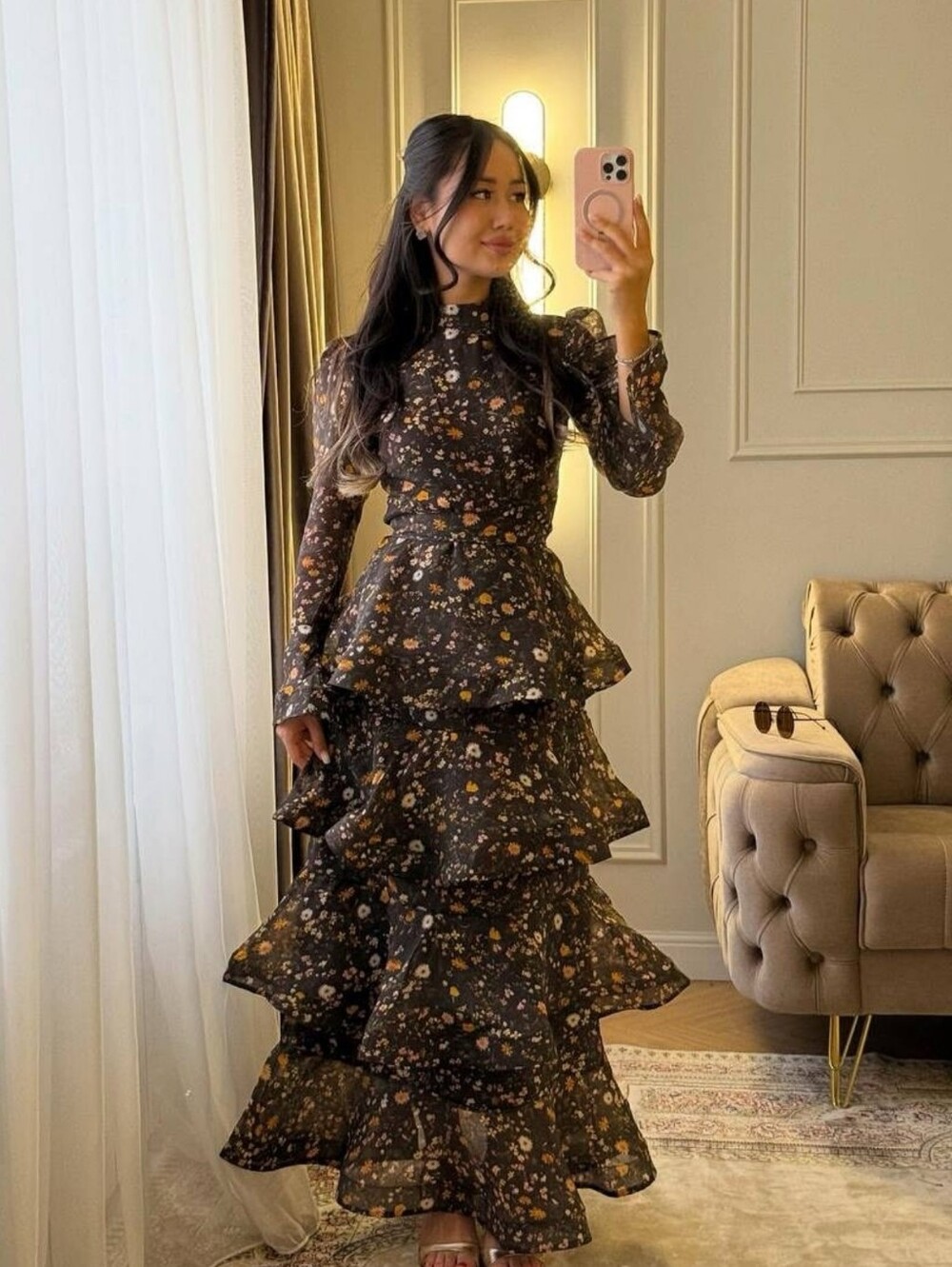 Casual Printed Long Bow Dress Women Chic V-Neck Short Puff Sleeve Waist-Closed - Picture 3 of 13